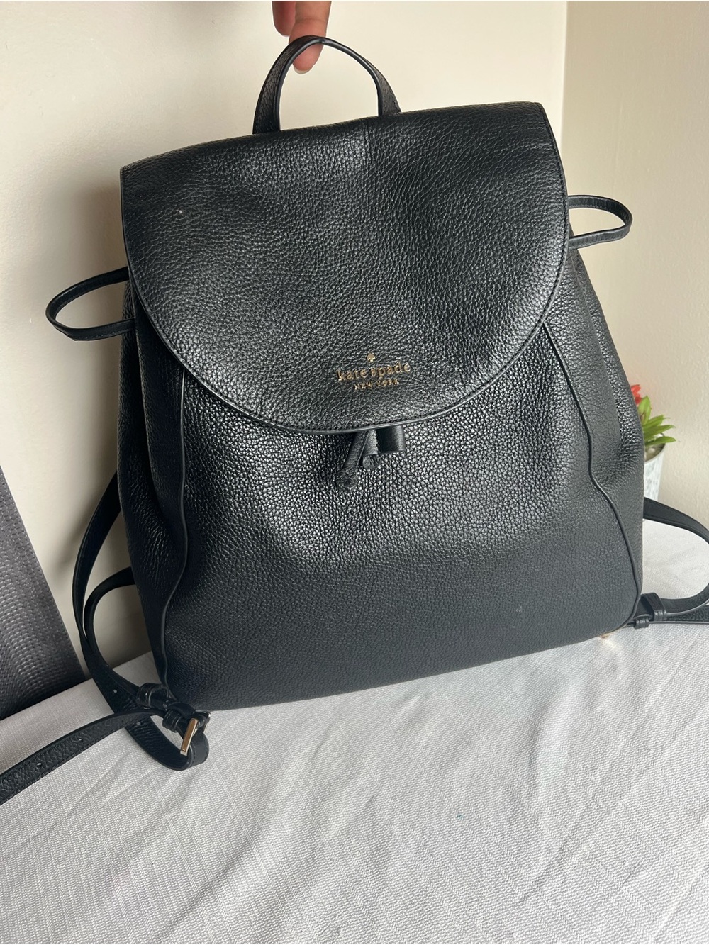 kate spade Pebbled Black Leather Backpack with Gold Logo